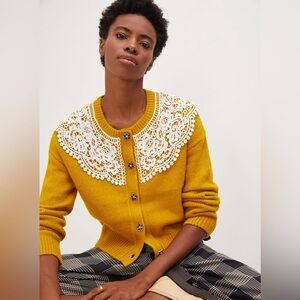 NWT MAEVE Anthropologie Lace Collar Cardigan in Gold, Medium